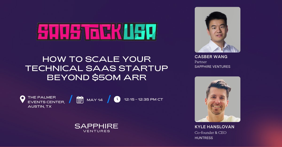 Less than 0.4% of SaaS startups ever reach $50M ARR. If you’re a #SaaS founder navigating this growth hurdle, don’t miss this fireside chat at @SaaStock USA next week with @KyleHanslovan, Co-founder & CEO @HuntressLabs (a @SapphireVC portfolio company), moderated by @CasberW,…