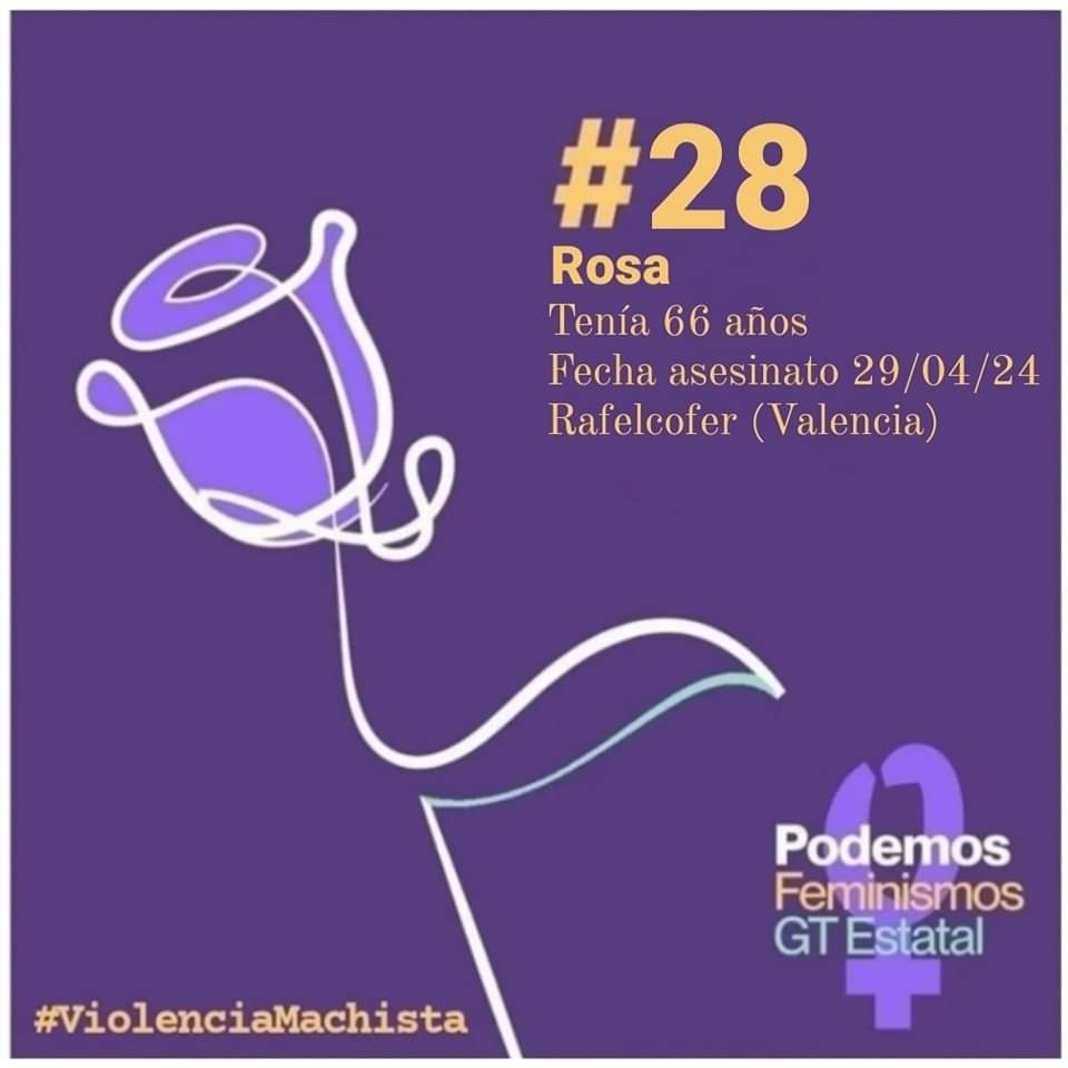 ⚫ #Feminicidios 28 por #ViolenciaMachista Un hombre, ha matado a una mujer, Rosa, de 66 años, en Rafelcofer (Valencia), el 29/04/24. #NiUnaMenos #NosQueremosVivas 📣 Ella no ha podido contarlo, nosotras sí. 📰 lc.cx/Qvd1Y3