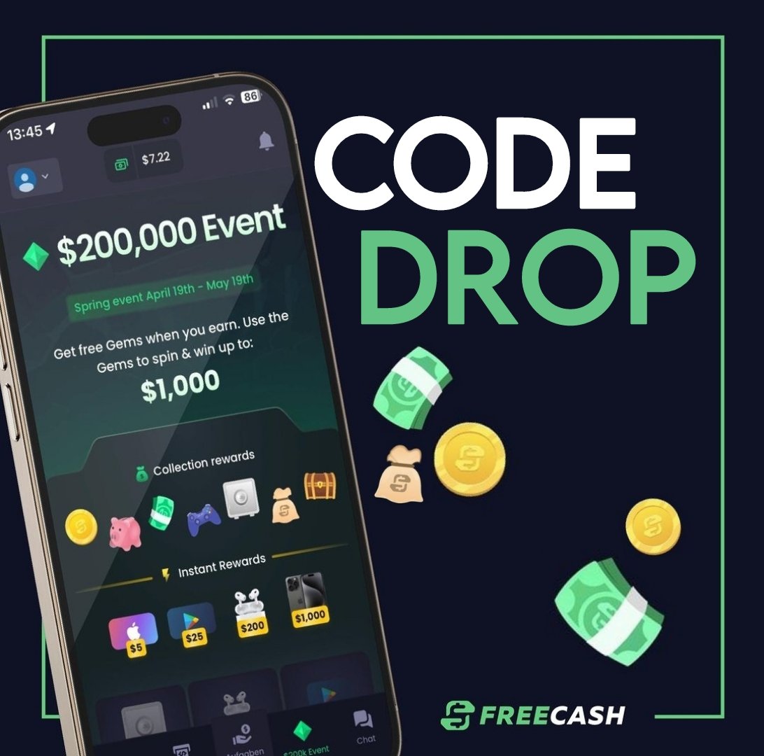 Our 200k event is still running! 👀💸 Spin the wheel and win up to $1000! 💚🎰 🚨 CODE DROP! 🚨 CODE: 200Event claim your free money now on freecash.com/rewards 💚💸