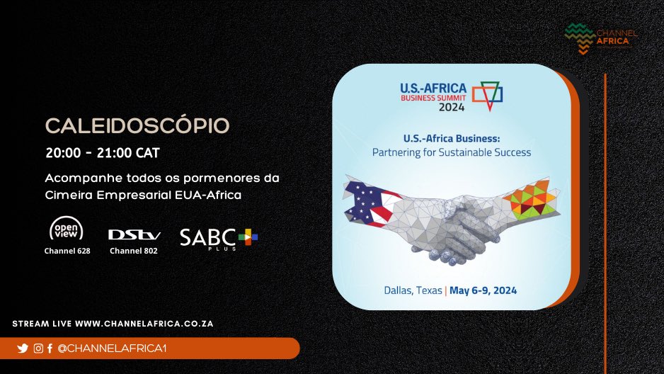 Acompanhe todos os pormenores da Cimeira Empresarial EUA-Africa
@PCaleidoscopio 

📲 @SABCPlus app 
📺 DSTV 802 | Open View 628
🎧 bit.ly/SoundaAfrica

#ChannelAfrica