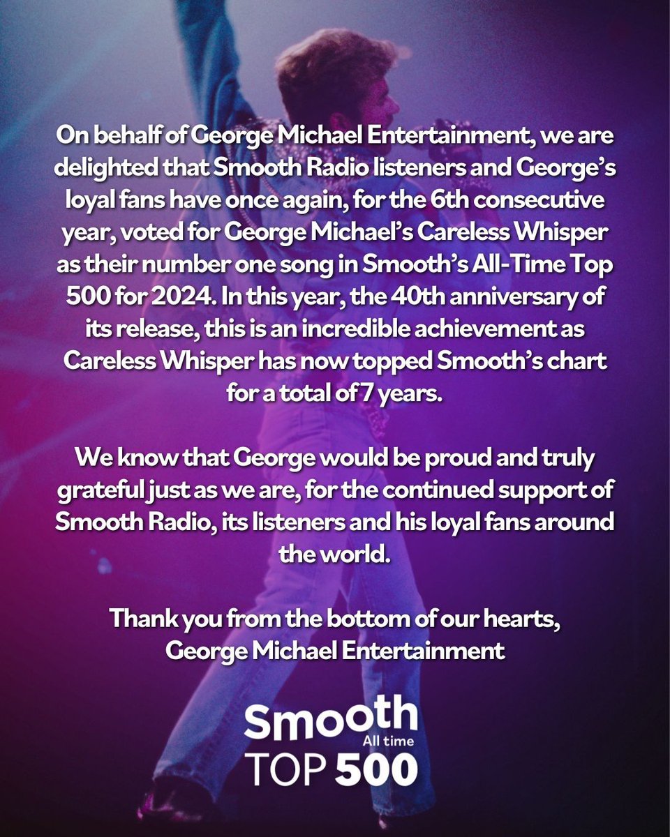 A statement from George Michael Entertainment 💜 @GeorgeMOfficial #Smooth500
