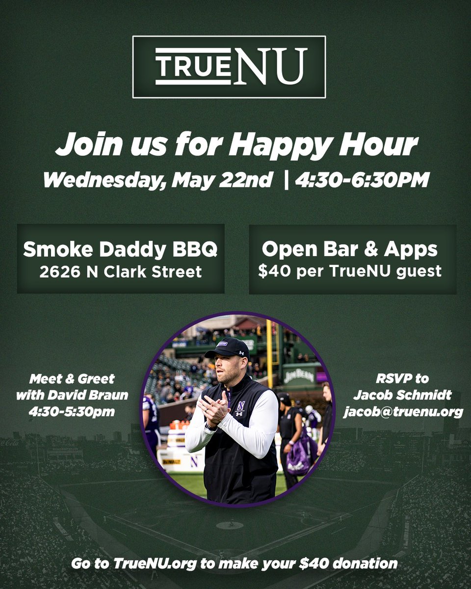 TrueNU (@gou_truenu) on Twitter photo Meet us at the Friendly Confines ⚾️
Join us for Happy Hour and catch up with <a href="/NUFBFamily/">Northwestern Football</a> Head Coach David Braun before heading to the Cubs game!
Go U, TrueNU! 💜 Meet us at the Friendly Confines ⚾️
Join us for Happy Hour and catch up with <a href="/NUFBFamily/">Northwestern Football</a> Head Coach David Braun before heading to the Cubs game!
Go U, TrueNU! 💜