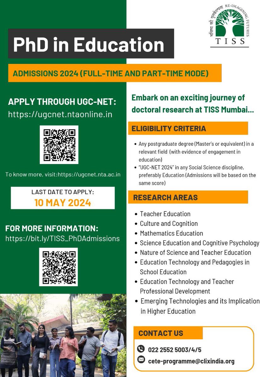 Nurture your academic journey with a PhD in Education! PhD Admissions for the academic year 2024-25 will be based on the UGC National Eligibility Test (NET). Register for UGC-NET June 2024: ugcnet.nta.ac.in Last date to register for UGC-NET 2024: Friday, 10 May 2024