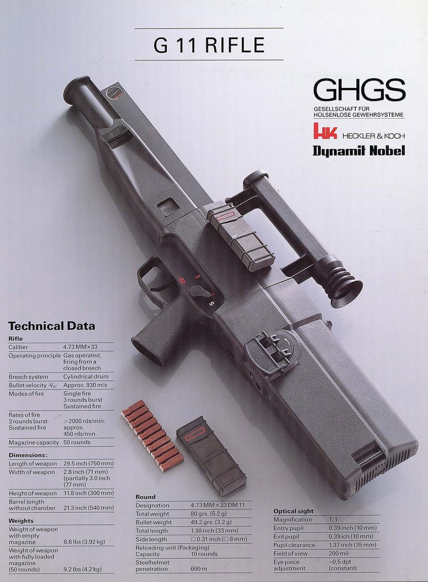UnseenOps's tweet photo. Finally found a full size of the Heckler &amp; Koch G11 brochure shot complete with Dynamit Nobel branding for the caseless ammunition https://t.co/mFLUUnV8cw