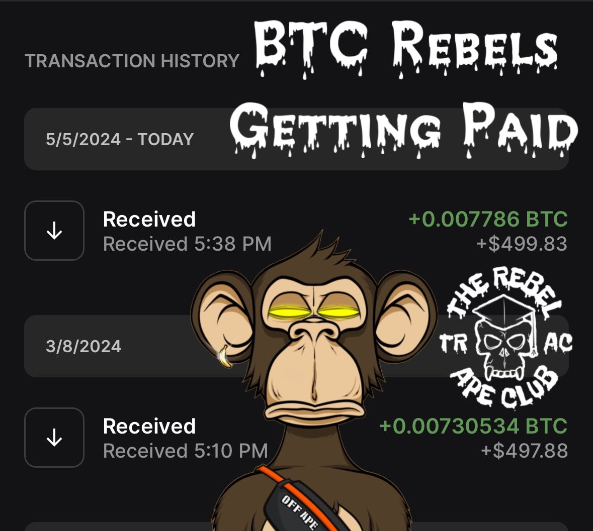 RΞCKS.ΞTH (@recks415) on Twitter photo <a href="/TeenRebelApe/">Teen Rebel Ape Club</a> BTC payouts keep landing!
Lets FKN go!
Them not like us them not like us!
#Winning #BTC growing without buying!!
Tap in or tap out! Enough said 😤 <a href="/TeenRebelApe/">Teen Rebel Ape Club</a> BTC payouts keep landing!
Lets FKN go!
Them not like us them not like us!
#Winning #BTC growing without buying!!
Tap in or tap out! Enough said 😤