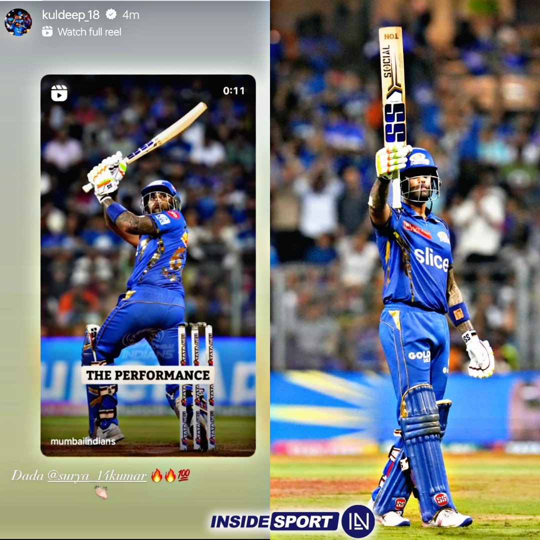 Kuldeep Yadav applauds the match winning knock of Suryakumar Yadav against the Sunrisers Hyderabad 👏🏻🔥🏏

📷:- Kuldeep Yadav/ Instagram 

#KuldeepYadav #SuryakumarYadav #MIvsSRH #IPL24 #Insidesport #CricketTwitter