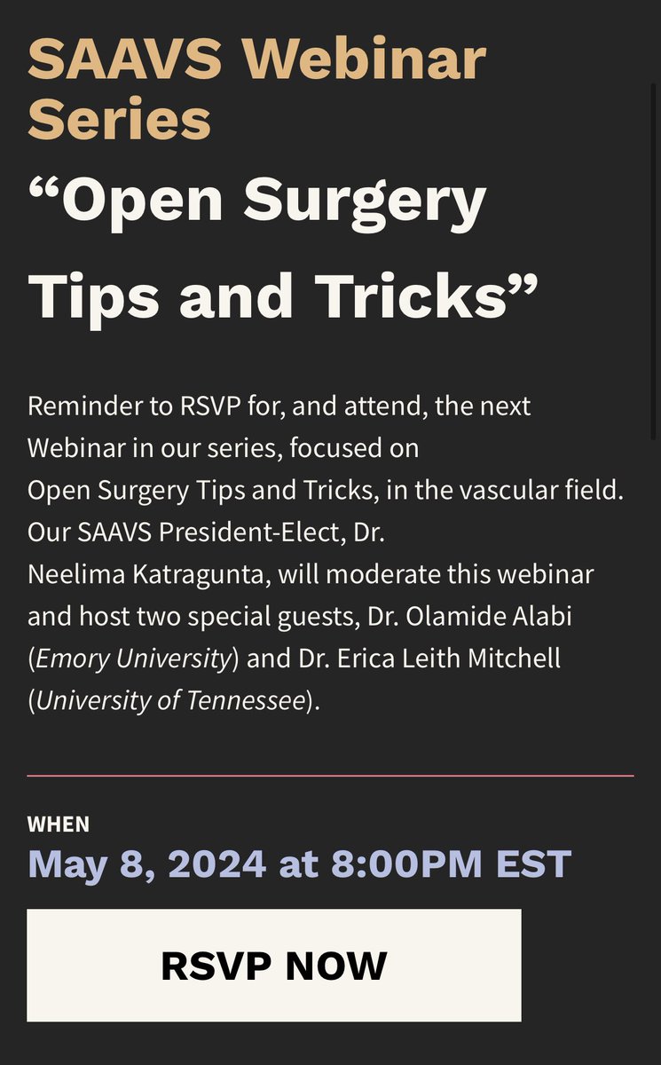 Join us tomorrow night for our webinar <a href="/8pm/">8pm</a> EST on Open Vascular Surgery with our 3 amazing panelists. Don’t forget to register at the link below

us02web.zoom.us/webinar/regist…