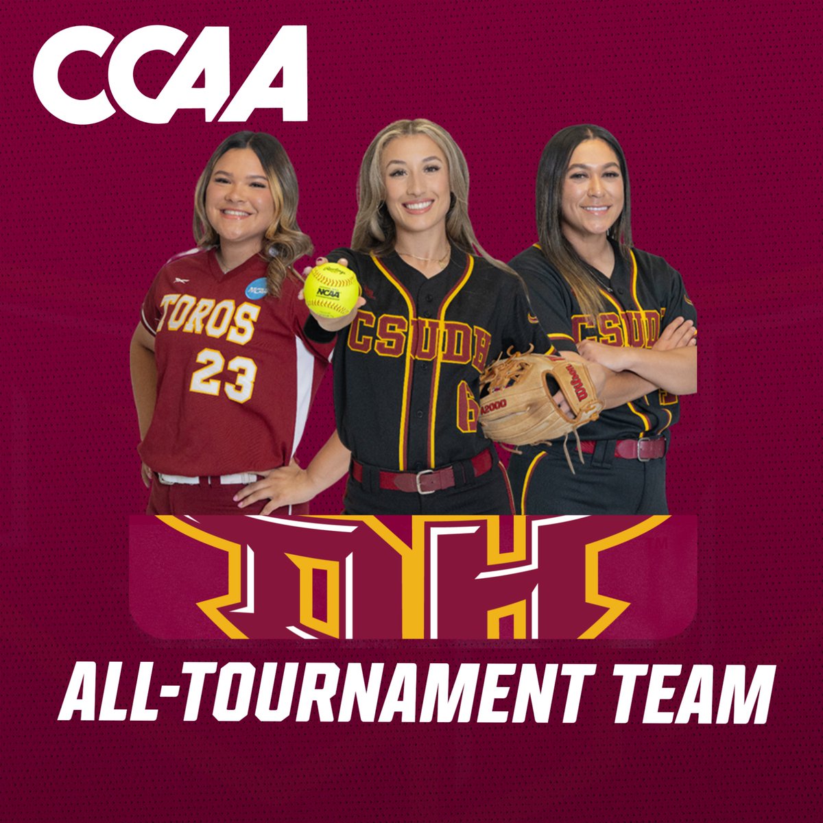 Jay Ross, Alexis Aguado, and Mariah Ramirez were selected to the CCAA All-Tournament Team for their outstanding performance with @csudhsoftball at the CCAA Championship Tournament!