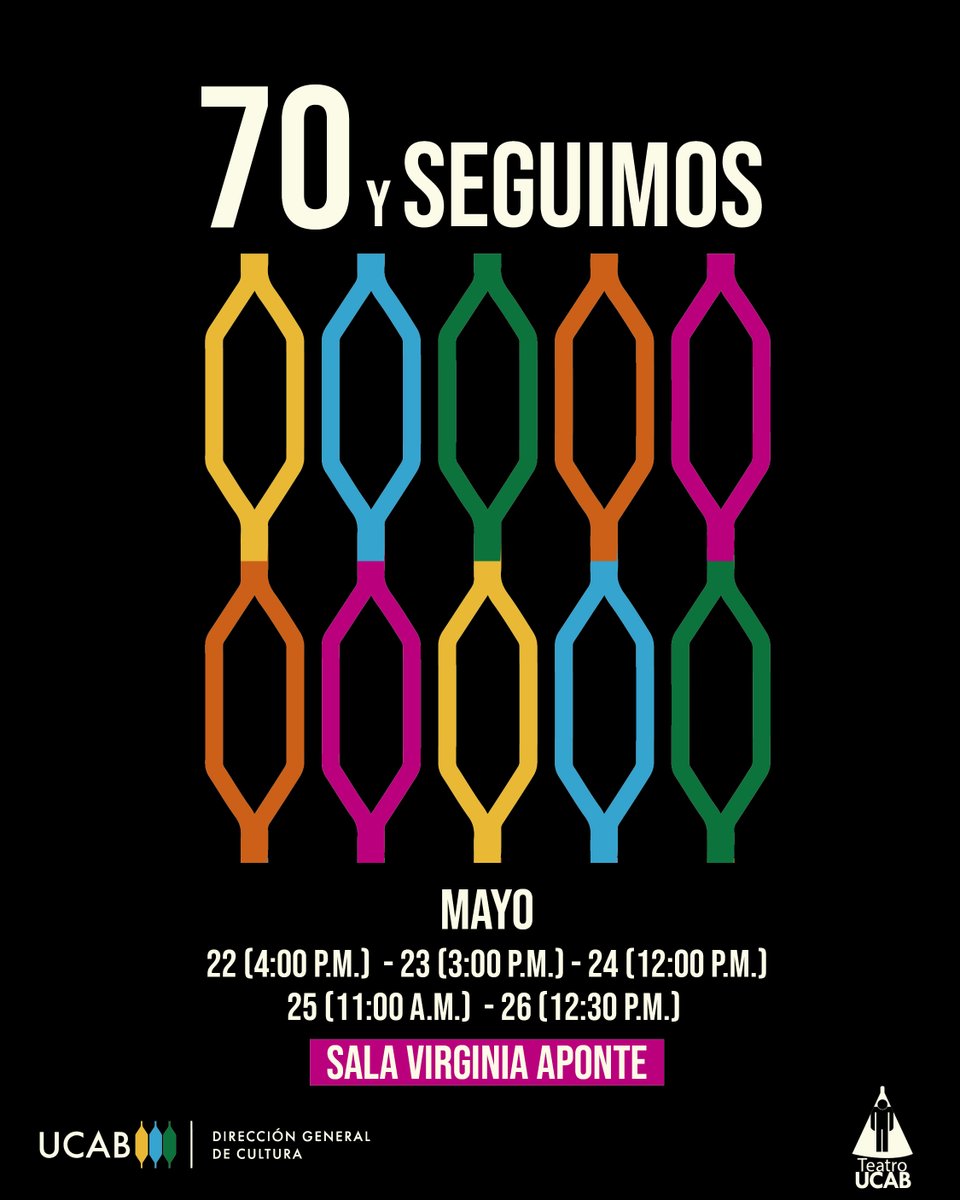 '70 y seguimos': una pieza teatral que rinde homenaje a nuestra casa de estudios en su trayectoria de 7 décadas.

#TeatroUCAB🎭trae 5 funciones:
#22May | 4:00 pm
#23May | 3:00 pm
#24May | 12:00 pm
#25May | 11:00 am
#26May | 12:30 pm
🎟️Entradas en taquilla. Sala Virginia Aponte