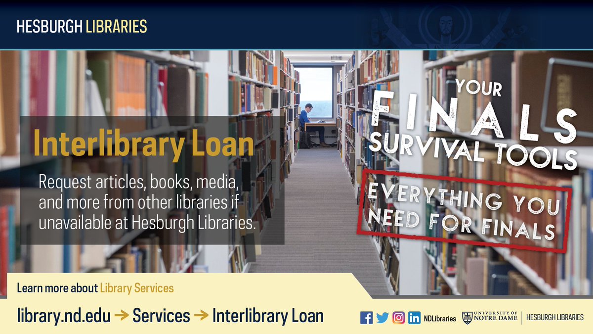 Good luck with finals this week, @NotreDame students! We’re here to help you succeed. Subject librarians can help in your area of research. Check out resources through our convenient self-check machines, or use Interlibrary Loan to request resources not on our shelves.