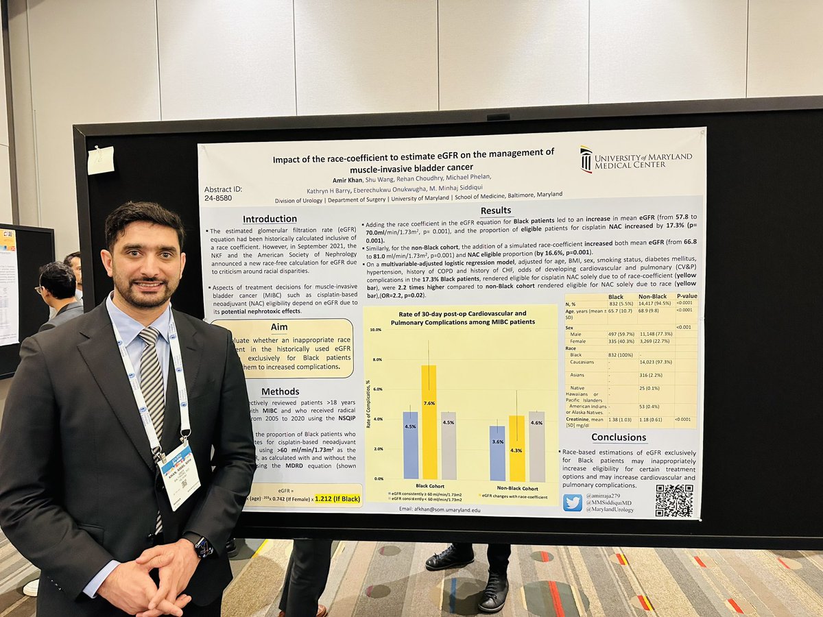 Amir Khan (@amirkhanuro) on Twitter photo Here goes the third presentation.
Historically used MDRD equation for eGFR makes Black patients with MIBC inappropriately eligible for cisplatin-NAC, which might lead to increased cardiovascular & pulmonary complications.
<a href="/MarylandUrology/">Division of Urology, University of Maryland</a> <a href="/MMSiddiquiMD/">Minhaj Siddiqui</a> . #AUA2024 Here goes the third presentation.
Historically used MDRD equation for eGFR makes Black patients with MIBC inappropriately eligible for cisplatin-NAC, which might lead to increased cardiovascular & pulmonary complications.
<a href="/MarylandUrology/">Division of Urology, University of Maryland</a> <a href="/MMSiddiquiMD/">Minhaj Siddiqui</a> . #AUA2024
