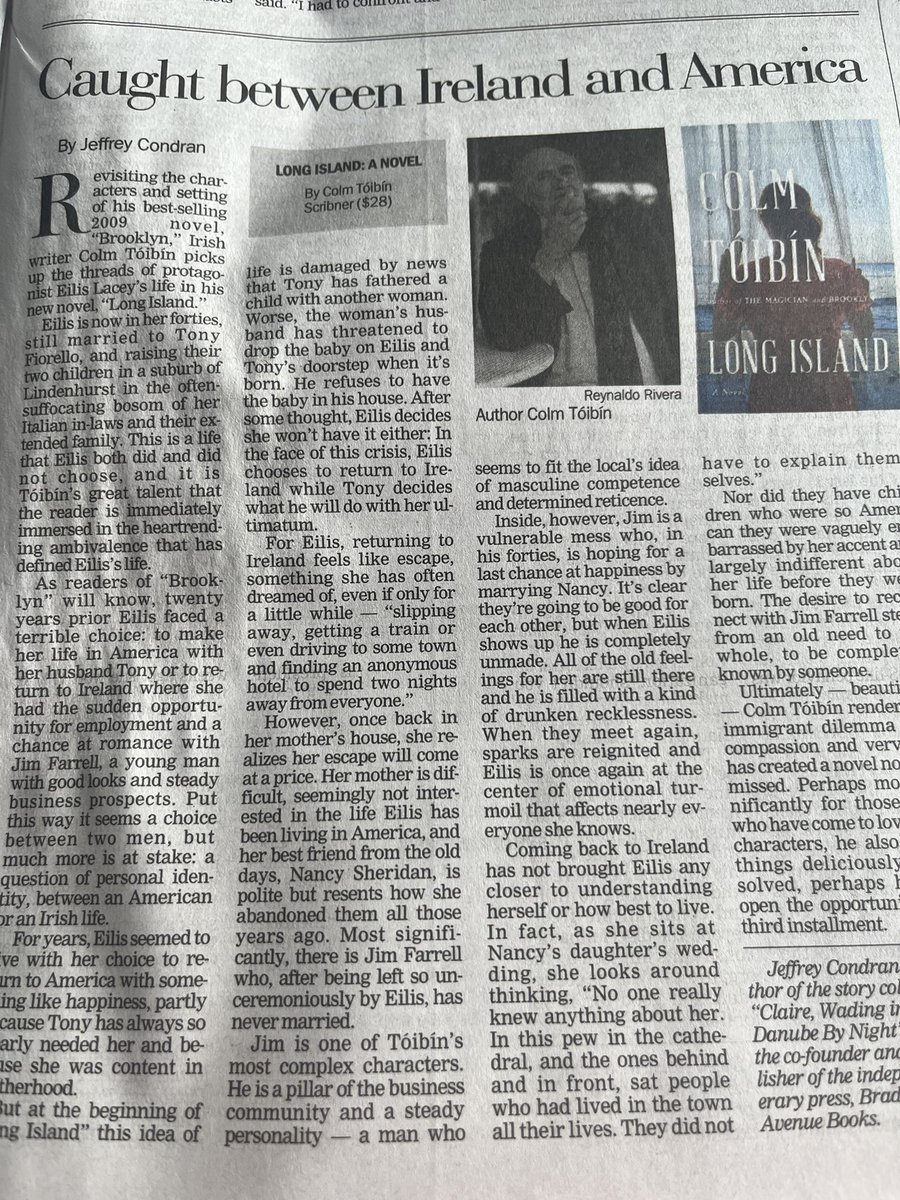 Looking forward to reading #ColmToibin’s new 1976-set novel, “Long Island”.

✍️ #PostGazette review by @JeffreyCondran & praise in @WSJBooks this weekend as well.