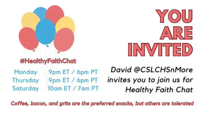 #HealthyFaithChat 6pm PST
@cselston @bassmanbrian @nickuva @ohtacosforotaku @abitconfuzed @ambaptized @NGetzlow @WeNeedAnArk @1929home @KariRimbey @Owenpalmerems @AnnLindberg5 @2undermercy @AndrewS76825037 @tcunderdahl @dk1018hh @GVCinc @garrettjohnnie @TexasSimpleDude