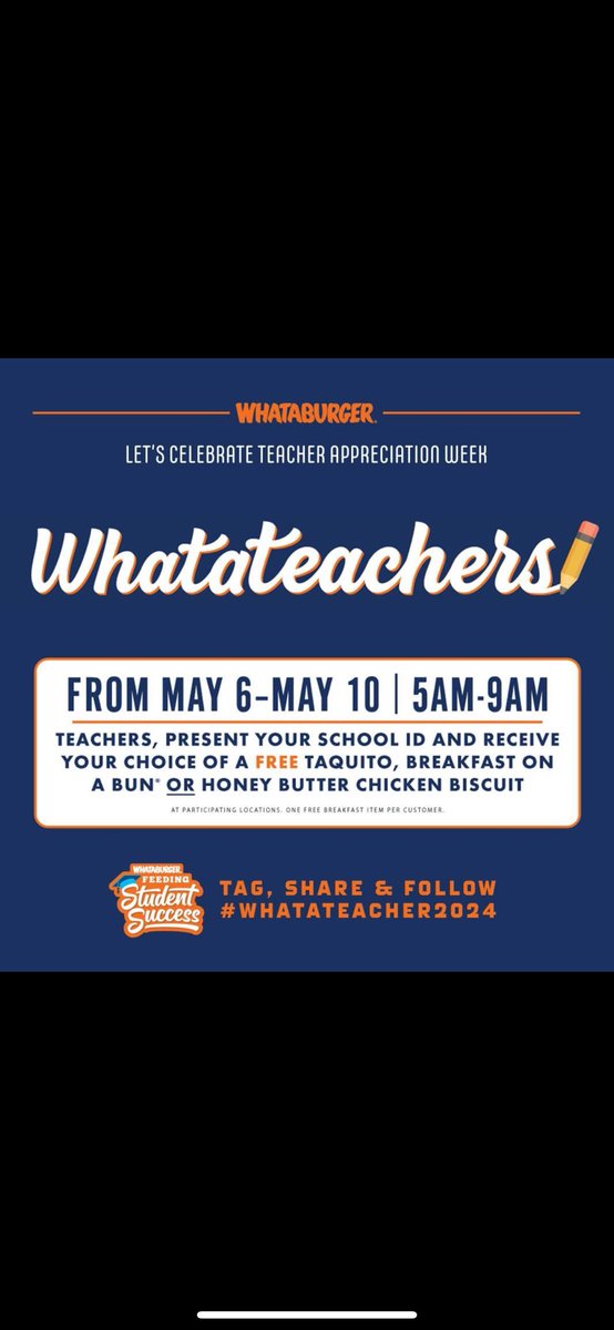 San Angelo ISD teachers, this week celebrates you and all you do for kids! Be sure to get your free Whataburger breakfast this week to celebrate. 👇👇