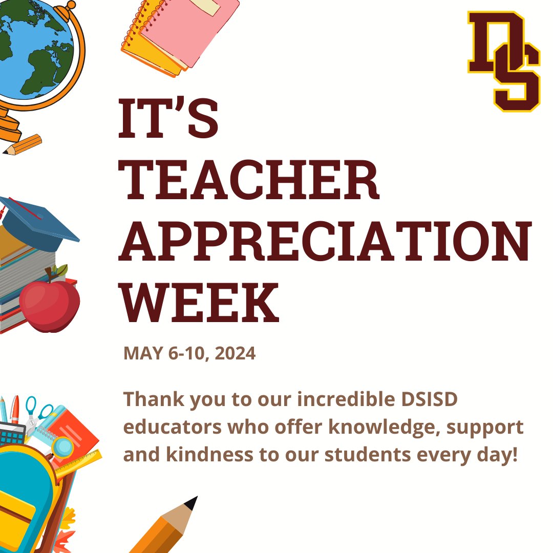 𝐓𝐇𝐀𝐍𝐊 𝐘𝐎𝐔 𝐓𝐄𝐀𝐂𝐇𝐄𝐑𝐒🎉👏 It's Teacher Appreciation Week! Throughout the week, DSISD, its campuses, students and families are showing their appreciation for our educators! Stay tuned this week for pictures of what's happening around our campuses. #iamDSISD