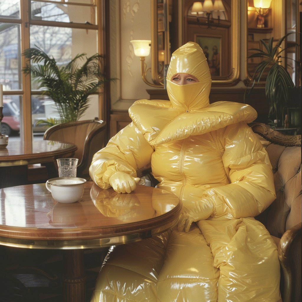 9 images of gorgeous women extravagantly dressed in bright yellow down have dropped on Patreon for our top tier of Patrons...

Follow us for more great content

#winteroutfit #wintermask #puffydown #ballgown #balaclava #winterfashion #hightea #cafe #coffee #aiart #midjourneyart