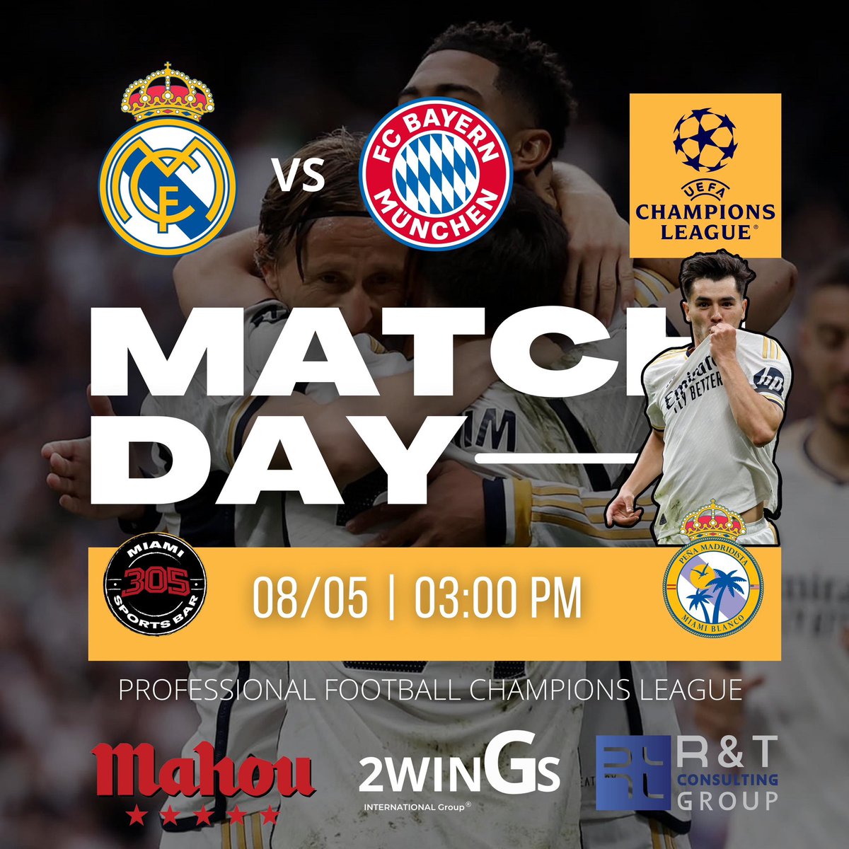 @realmadrid 🆚 @FCBayern ⚔️🤍

📌 Wednesday, 8 May. 03:00 PM
📍 @305sportsbar #officialbar 

¡Vamos a disfrutar juntos del partido con @Mahou_beer @futbolmahou ! 🍻🔥

#realmadridmiami #realmadrid #peñamadridistamiami #bayernmunich #miami #championsleague #madridistasmiami