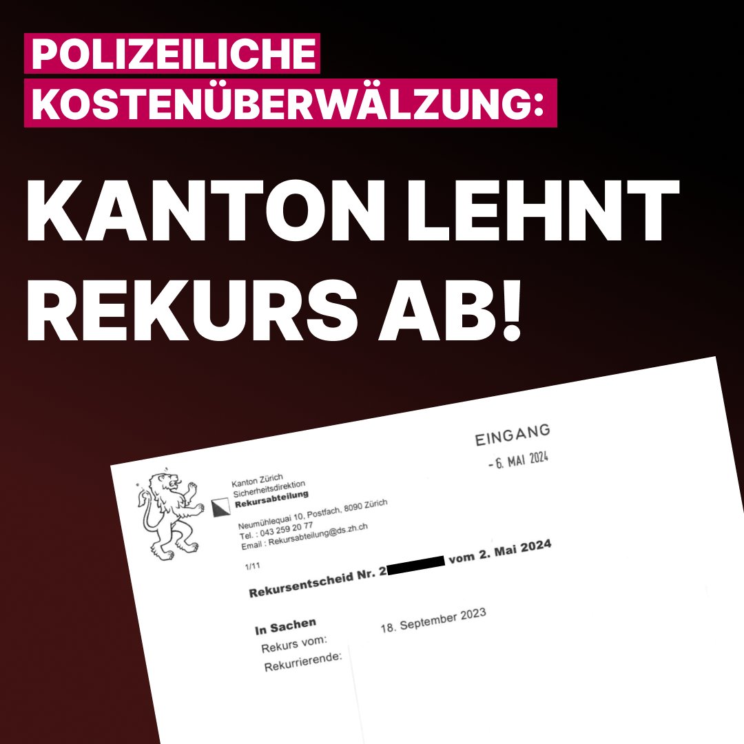 ❗Polizeiliche Kostenüberwälzung: Kanton lehnt Rekurs ab!❗
Seit einigen Monaten warten wir auf eine Antwort bezüglich unseres
Rekurses zur Polizeikostenüberwälzung nach der Räumung im Rümlanger Wald.