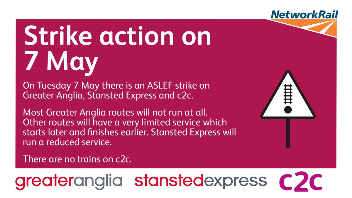 ⚠️There is ASLEF strike action on our patch tomorrow Please read and check before you travel @greateranglia @Stansted_Exp @c2c_Rail