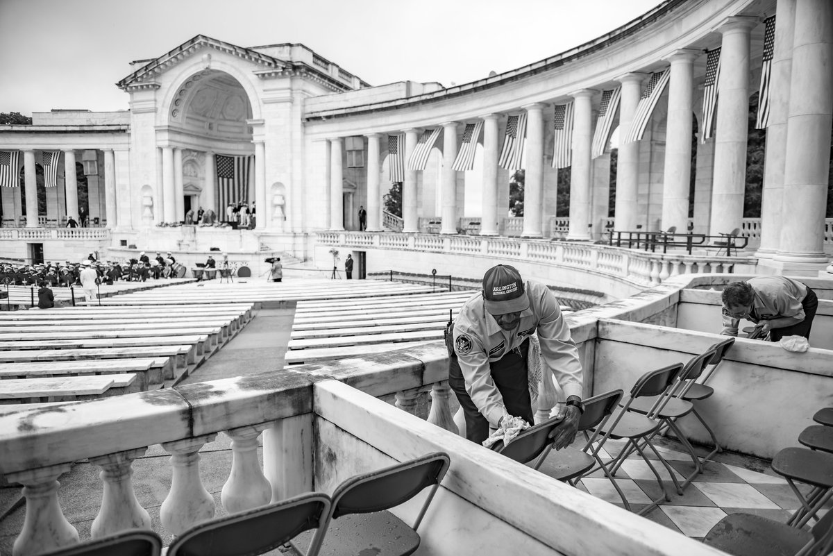 ANC staff are proud to be public servants of a most noble mission. Photo: Facilities Maintenance employees dry off chairs in the Memorial Amphitheater prior to a National Memorial Day Observance. Meticulous care and preparation go into every ceremony at ANC. #GovPossible #PSRW