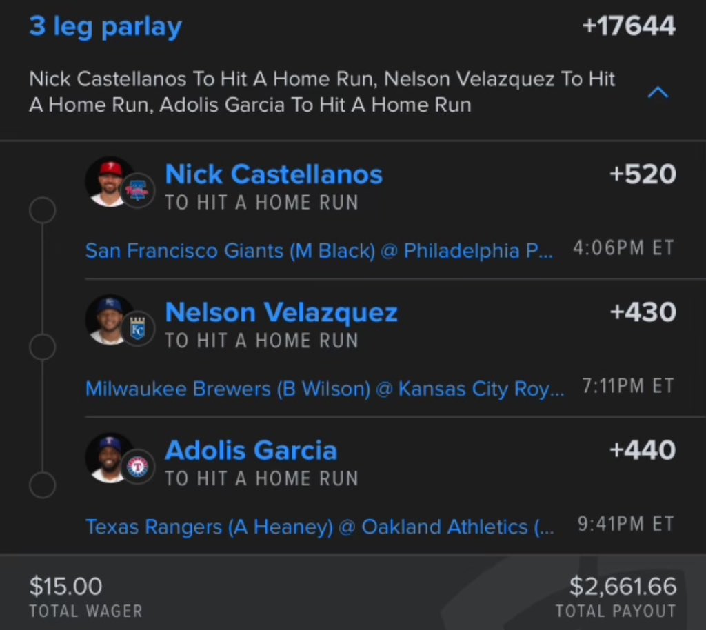 Dinger 💣 Collab w/ @Lambo3195 🤝

#RingTheBell Nick Castellanos
#WelcomeToTheCity Nelson Velazquez
#StraightUpTX Adolis Garcia

$15 —> $2,661

#GamblingX #MLB