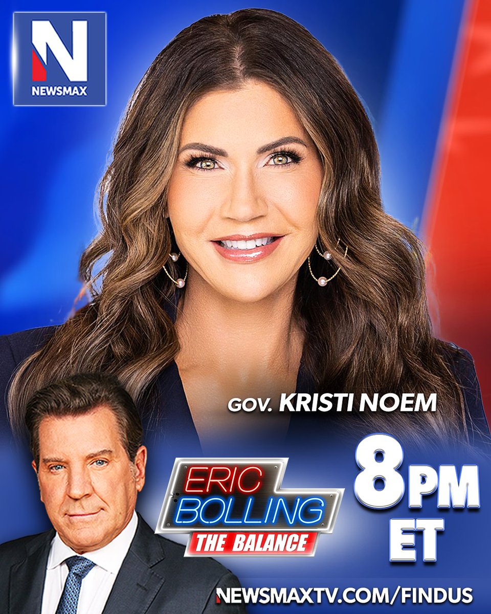 TONIGHT: South Dakota Gov. Kristi Noem joins 'Eric Bolling The Balance' to discuss taking on biased liberal news media, reactions to her new book and more — 8PM ET on NEWSMAX. WATCH: newsmaxtv.com/findus @KristiNoem