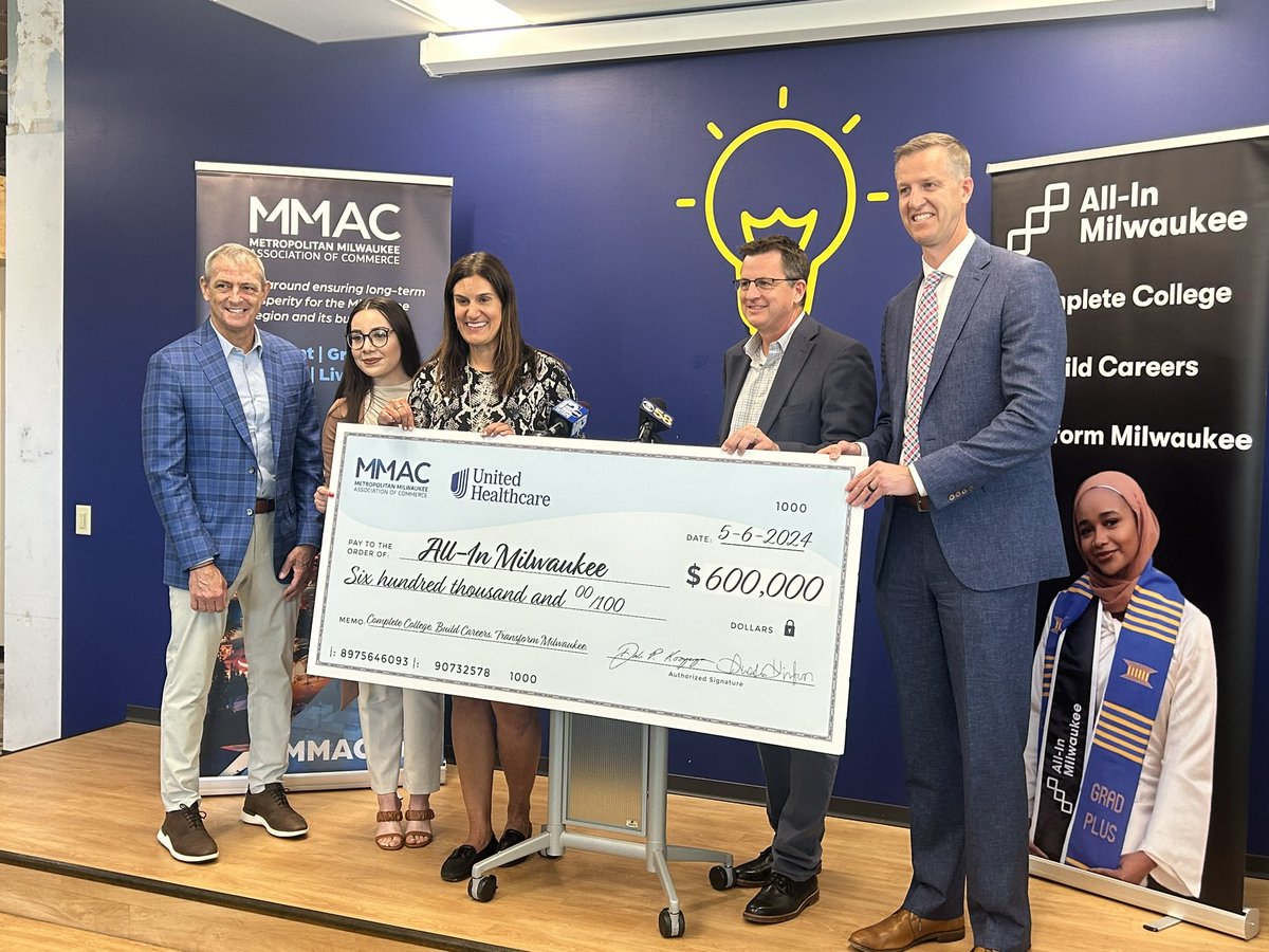 So proud to partner with @uhc in providing $600k in scholarship funds to area students through the fantastic All-In Milwaukee. Thirty local students will thrive because of this gift. Thanks to @MarquetteU for hosting us today!!
