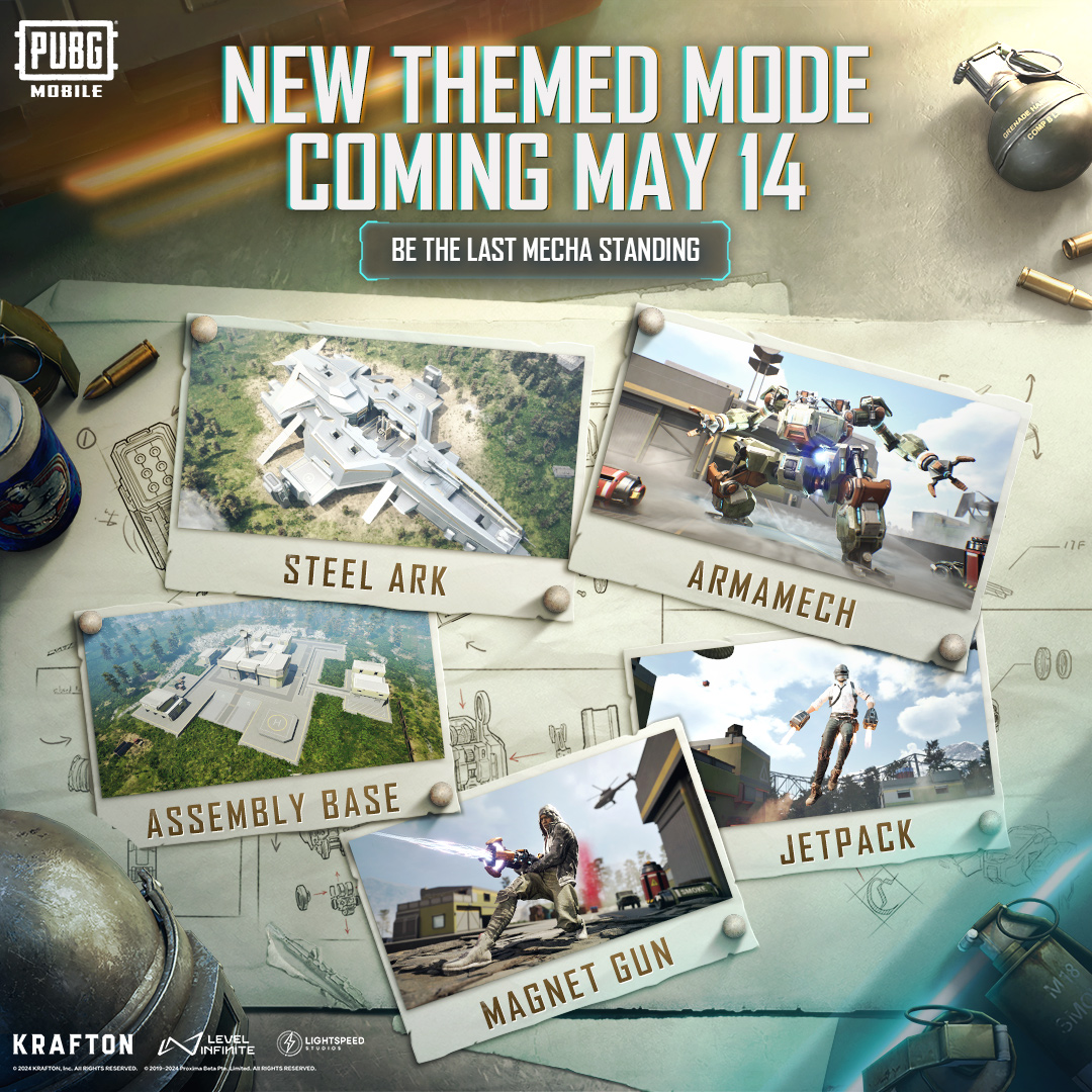 More 🤖 Mecha-themed content has been revealed! Assembly Base to the Steel Ark, Armamech, Jetpack, & Magnet Gun, these features will upgrade your gameplay! New themed mode lands May 14th: 📲 pubgmobile.live/mechafusion #PUBGMOBILEV320 #PUBGMOBILEMECH #PUBGMOBILEC6S18