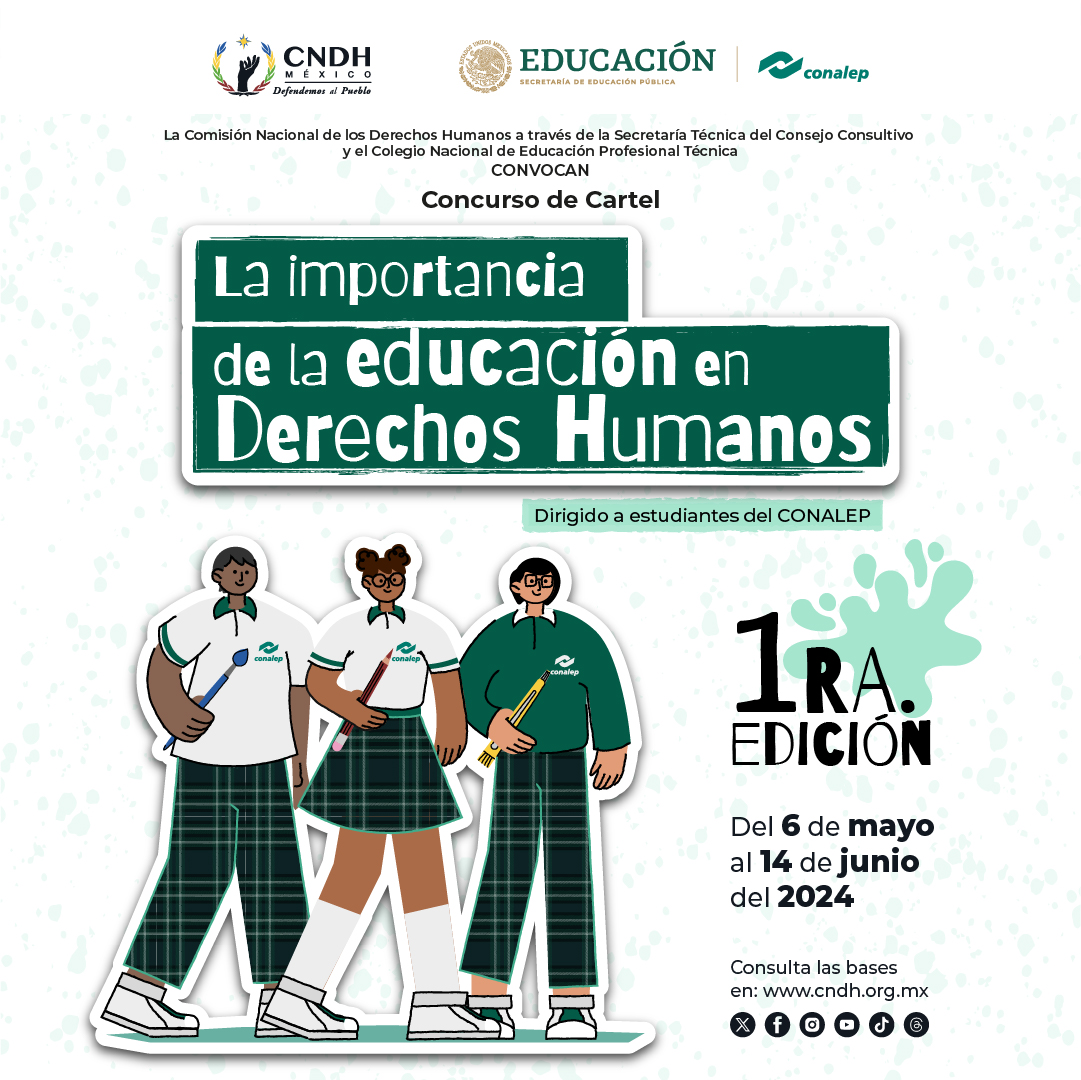 Si eres estudiante inscrito en alguno de los planteles del Sistema @CONALEP_Mex ,  te invitamos a participar en el Concurso 'La importancia de la #Educación en #DerechosHumanos'. Consulta la convocatoria👉 bit.ly/ConvoCONALEP #DefendemosAlPueblo