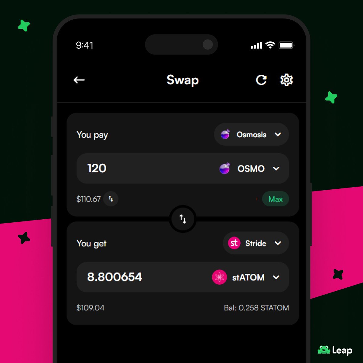 what if we told you there's a way to get stATOM without liquid staking 😲 you can swap any token in your wallet for stATOM, with swaps on Leap 🔁 get the best rates for @stride_zone swaps right inside your wallet try it out now!