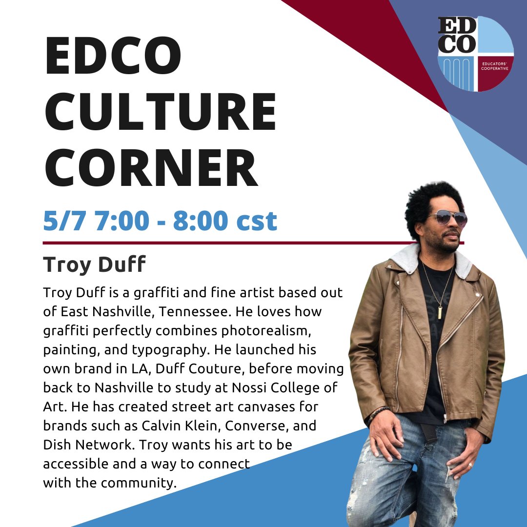TOMORROW! Join us for EdCo Culture Corner with graffiti and fine artist Troy Duff! Attend via our bio’s Linktree—under Events! #forteachersbyteachers #educatorscooperative