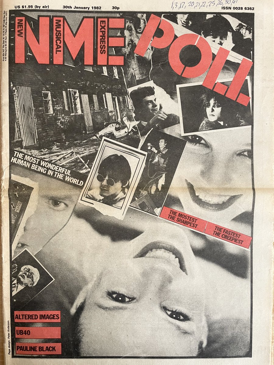 Clare Grogan and others make the front page of the NME poll-winners edition. Page design by Peter Anderson. New Musical Express, 30 January 1982.