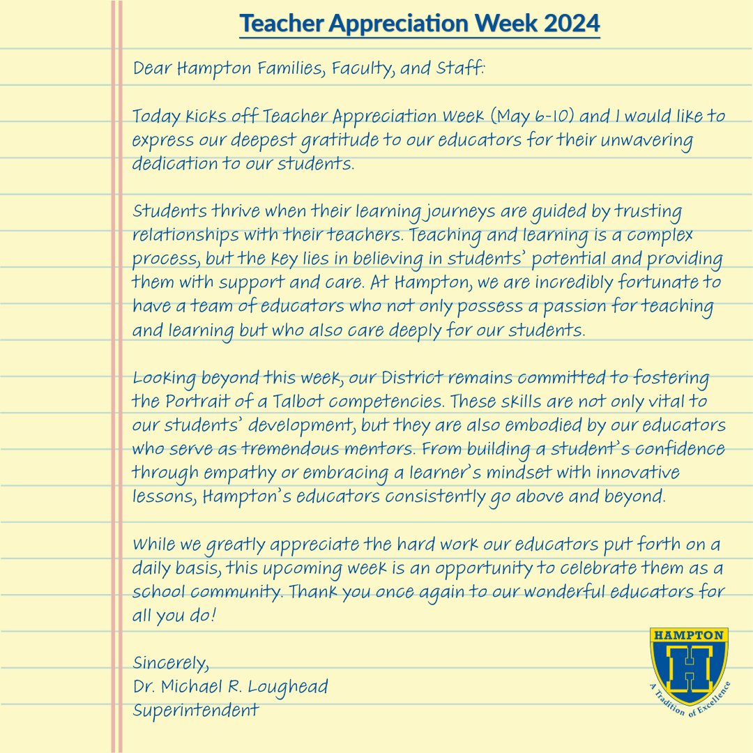 Dear Teachers ... Thank you! 🍎✏️📚 This week (May 6-10) is Teacher Appreciation Week. Please take a moment to read Dr. Loughead's letter to the Hampton school community. We are incredibly grateful to have such dedicated and passionate teachers! #TalbotPride