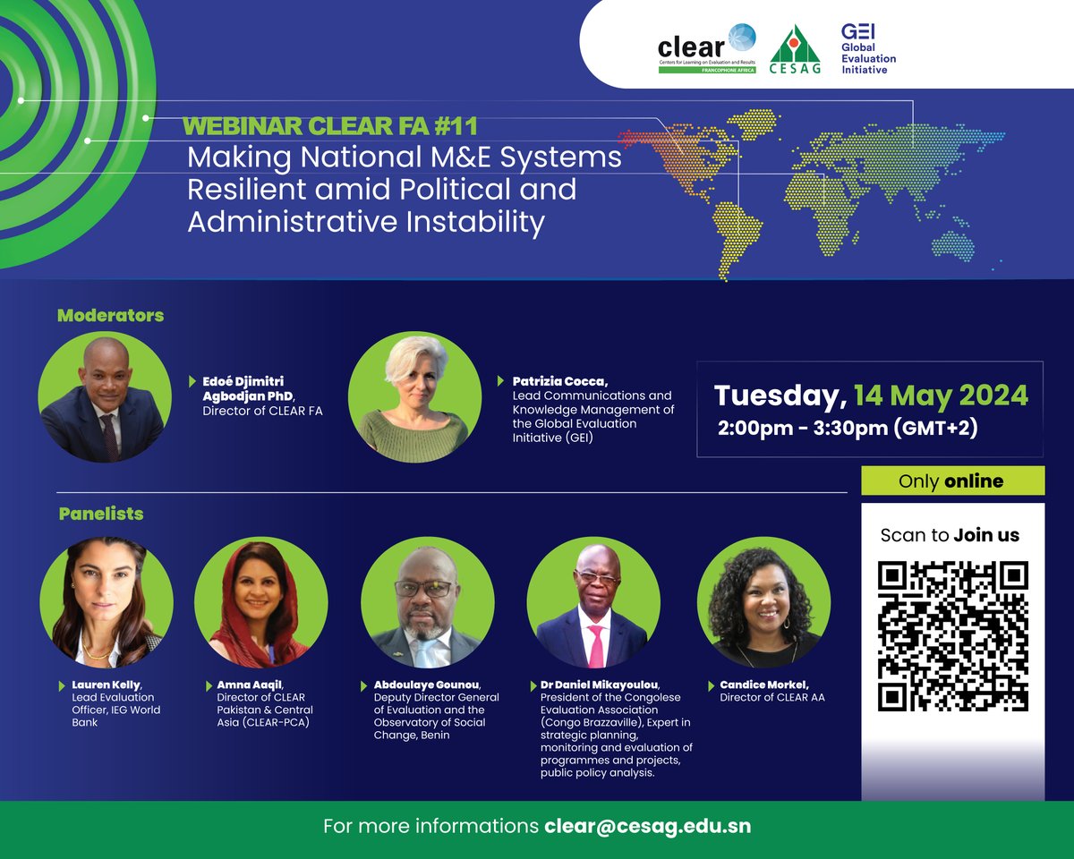 🌍 Joignez-vous à nous le 14 mai à partir de 12h GMT, pour le webinaire #CLEAR_FA #11 en partenariat avec <a href="/GEI_GlobalEval/">Global Evaluation Initiative</a> !
Explorez la résilience des systèmes nationaux d’évaluation en temps de crise. Inscrivez-vous pour échanger avec nos experts: globalevaluationinitiative.org/blog/uniting-i…