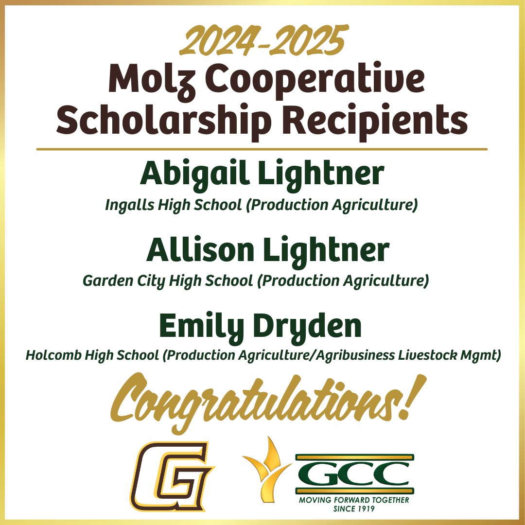 The GCCC Endowment Association has announced 3 students were selected for the 2024-25 Otis and Mary Lee Molz Cooperative Scholarship. They will receive full tuition & fees for 16 credit hours/semester: 🟡Abigail Lightner 🟤Allison Lightner 🟡Emily Dryden ow.ly/vcXC50RxAKt