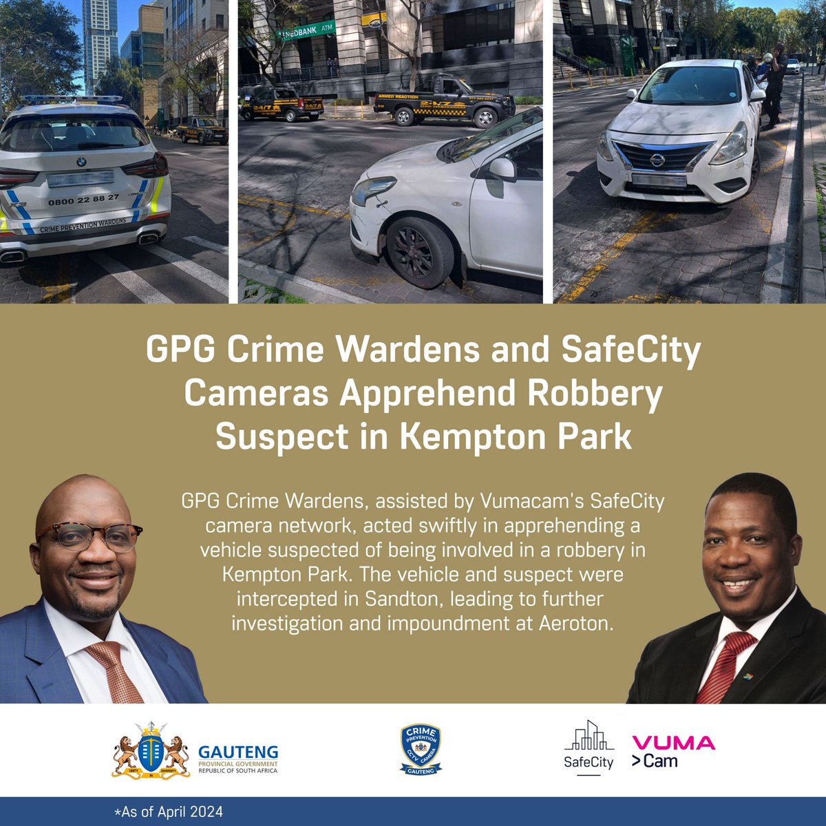 In a remarkable display of collaboration, @GautengProvince Crime Wardens, supported by Vumacam's SafeCity camera network, swiftly acted upon identifying a vehicle suspected of involvement in a residential robbery in Kempton Park. The crime wardens intercepted the vehicle with its…