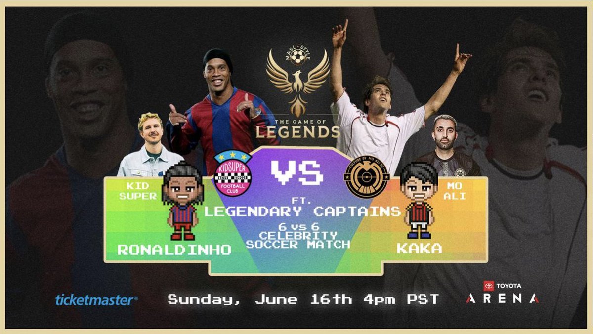 International soccer legends @10Ronaldinho and @KAKA take the MASL field for the Game of Legends, a 6v6 celebrity match between @Moalifc and @KidSuper FC at Toyota Arena in Ontario, CA! Read more about this legendary event at maslsoccer.com/news/ronaldinh…