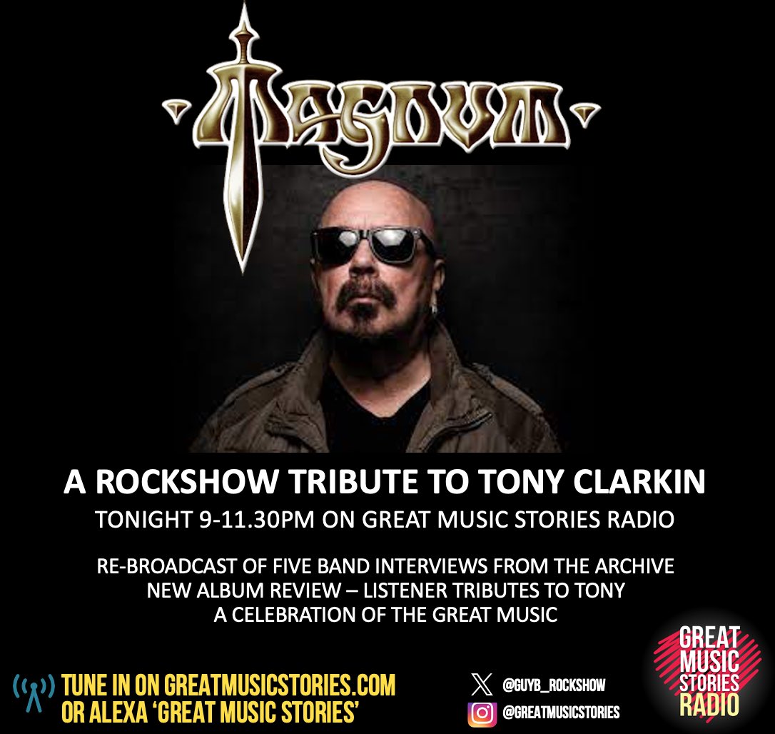 8.30pm tonight, a repeat run of my @Magnumonline_ Tony Clarkin tribute special from the desk. Repeats day on greatmusicstories.com / alexa ☮️😎