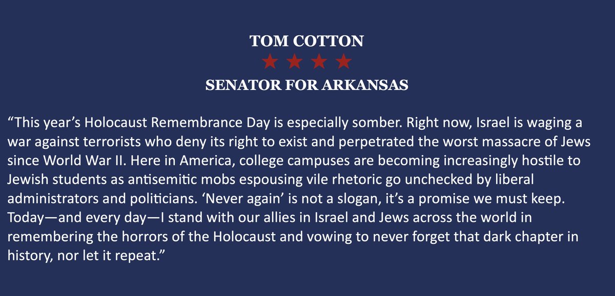 Today—and every day—I stand with our allies in Israel and Jews across the world in remembering the horrors of the Holocaust and vowing to never forget that dark chapter in history, nor let it repeat.