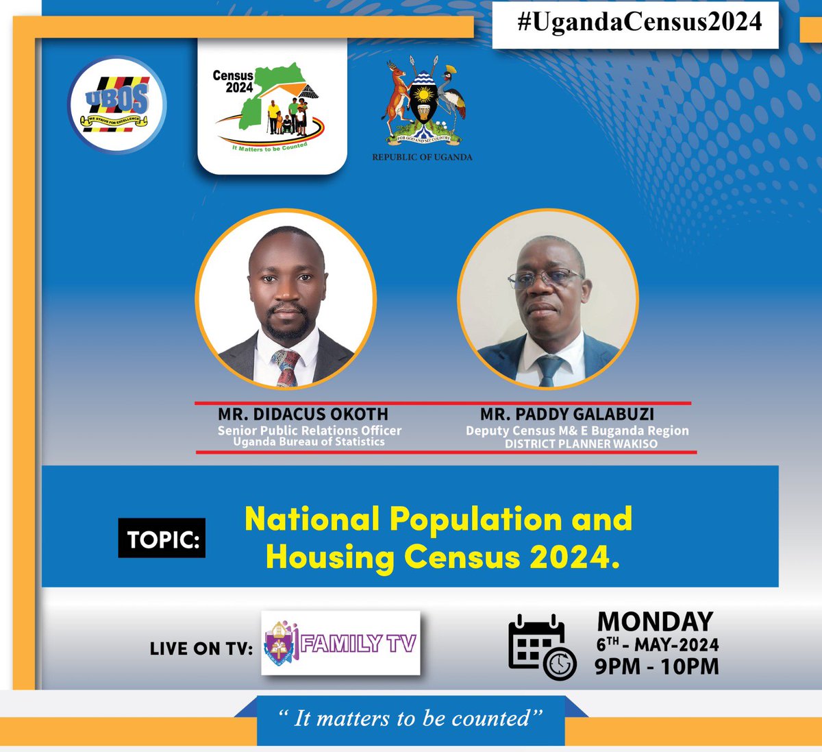Join the discussion on the National Population and Housing Census 2024 live on Family Tv. Guests: ➡️Didacus Okoth, Senior PRO, @StatisticsUg ➡️ Paddy Galabuzi, Deputy Census M& E Buganda Region #UgandaCensus2024