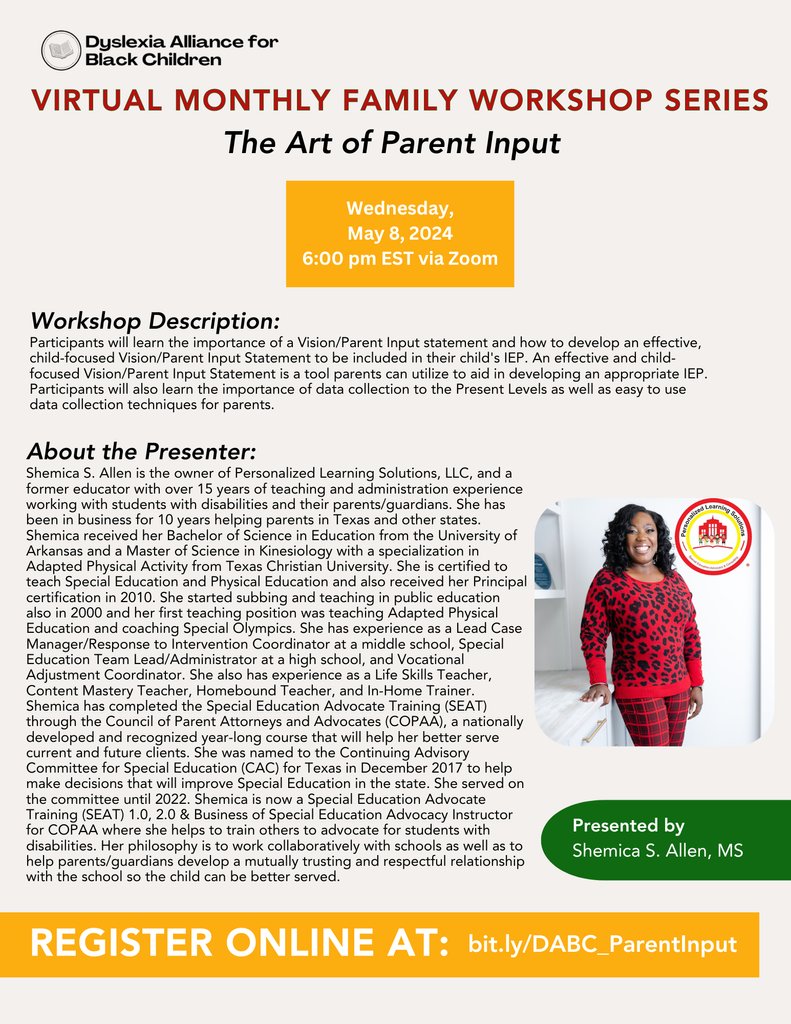 Join our workshop to master the art of crafting an impactful Vision/Parent Input Statement for your child's IEP. Learn why it’s crucial, how to focus it on your child's needs, and how this tool can shape an appropriate educational plan. Register here: l8r.it/xCQj