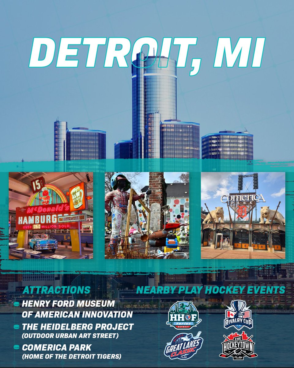 🗺️Feature City | Detroit ✔️Henry Ford Museum of American Innovation ✔️The Heildelberg Project (Outdoor Urban Art Street) ✔️Comerica Park (Home of the Detroit Tigers) Events: HHOF Series Detroit, Rivalry Cup Michigan, Great Lakes Classic,The Hockeytown ➡️ playhockey.com/events