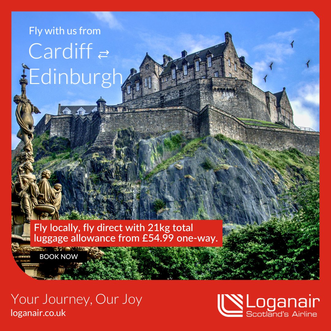 From business trips to family vacations, let the charm of Edinburgh reel you in. Take off from Cardiff Airport with Loganair. 🏴󠁧󠁢󠁷󠁬󠁳✈🏴󠁧󠁢󠁳󠁣󠁴 Fly locally, fly direct with 21kg total luggage allowance from £54.99 one-way! Book now👇 bit.ly/4dpReFm