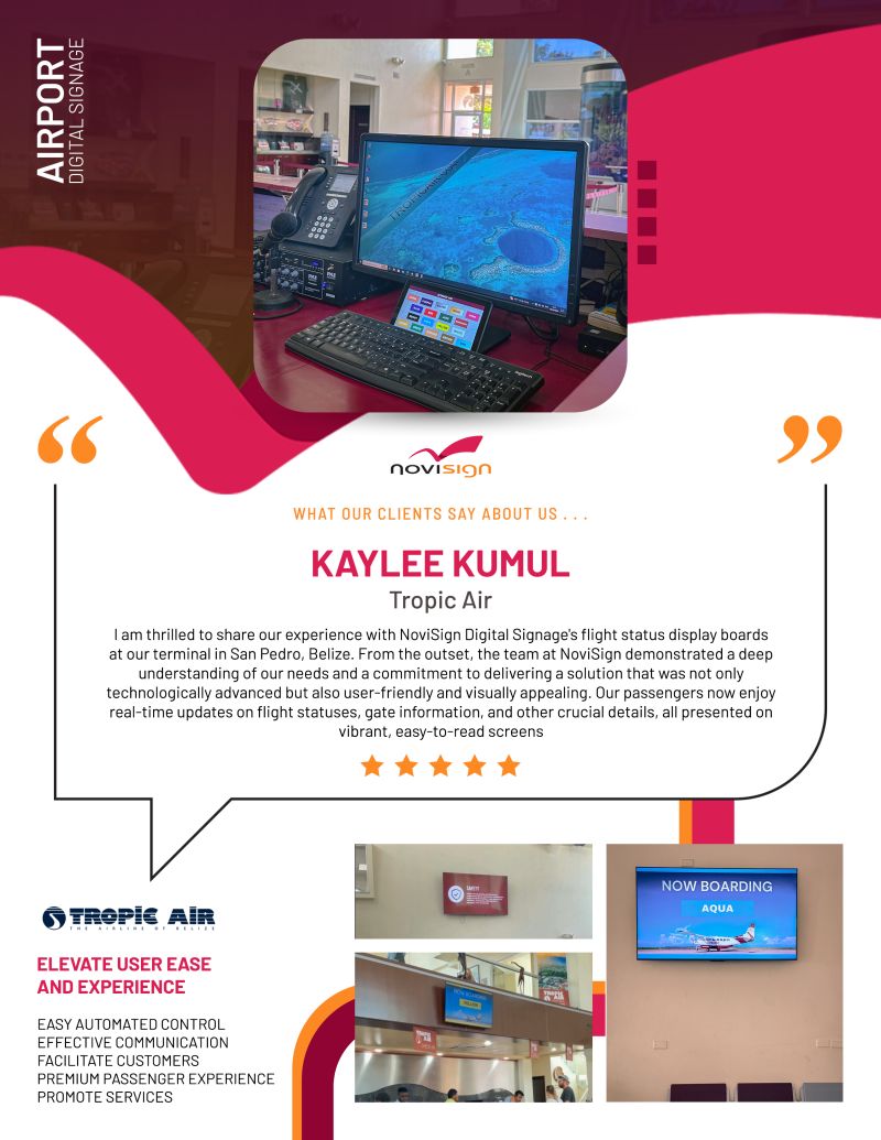 novisign's tweet photo. NoviSign Digital Signage recently launched an exciting project in Belize featuring airline status displays! These tablet-controlled displays activate pre-set flight boarding messages. View case study: https://t.co/kyPv5bKXk6

#digitalsignage #airports #flighttimes https://t.co/ZsHPxzQmor
