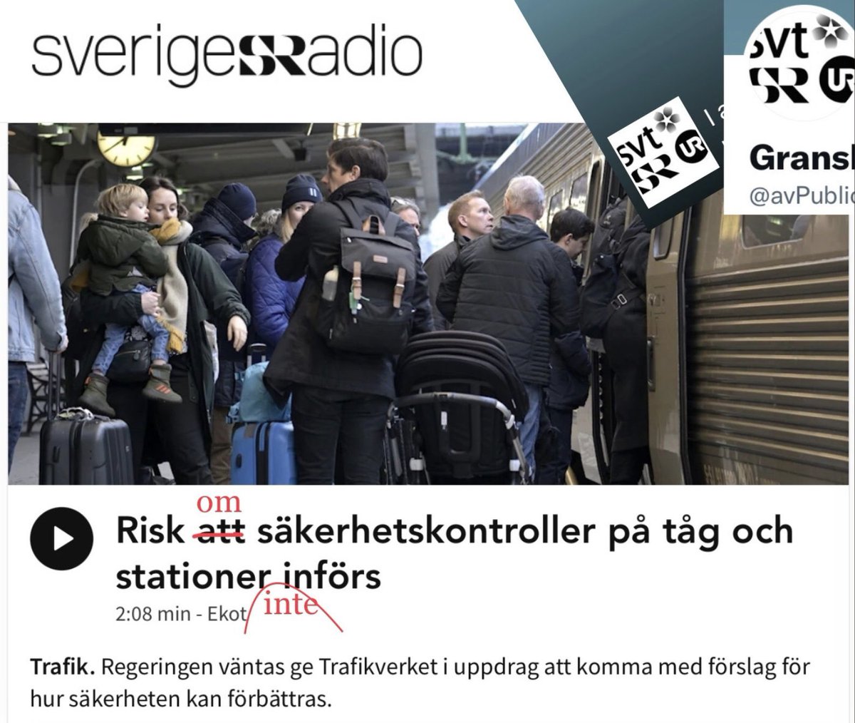 Hej @SverigesRadio, här är en alternativ rubrik ni kan fundera över. @SverigesRadio #journalistik Risk att säkerhetskontroller på tåg och stationer införs sverigesradio.se/artikel/risk-a…
