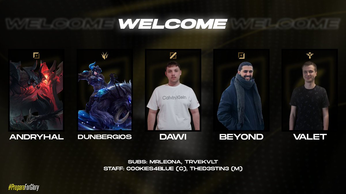 Please give a warm welcome to our roster for the 2024 Summer Split!
Top: <a href="/AndryshkaMister/">AndryhaL9</a> 
Jungle: <a href="/dunberge/">Dunberge</a> 
Mid: <a href="/DaweraLol/">Dawi</a> 
ADC: <a href="/BeYovdL/">Beyond</a> 
Support: <a href="/MarstasvStanis1/">Маркелов Станислав</a> 
Subs: <a href="/MrLeona19692/">MrLeona</a>, Trvekvlt
Staff: <a href="/manos_vidakis/">Cookies4Blue</a> (Coach), <a href="/thed3stin/">SPA thed3stin</a> (Manager)
#PrepareForGlory