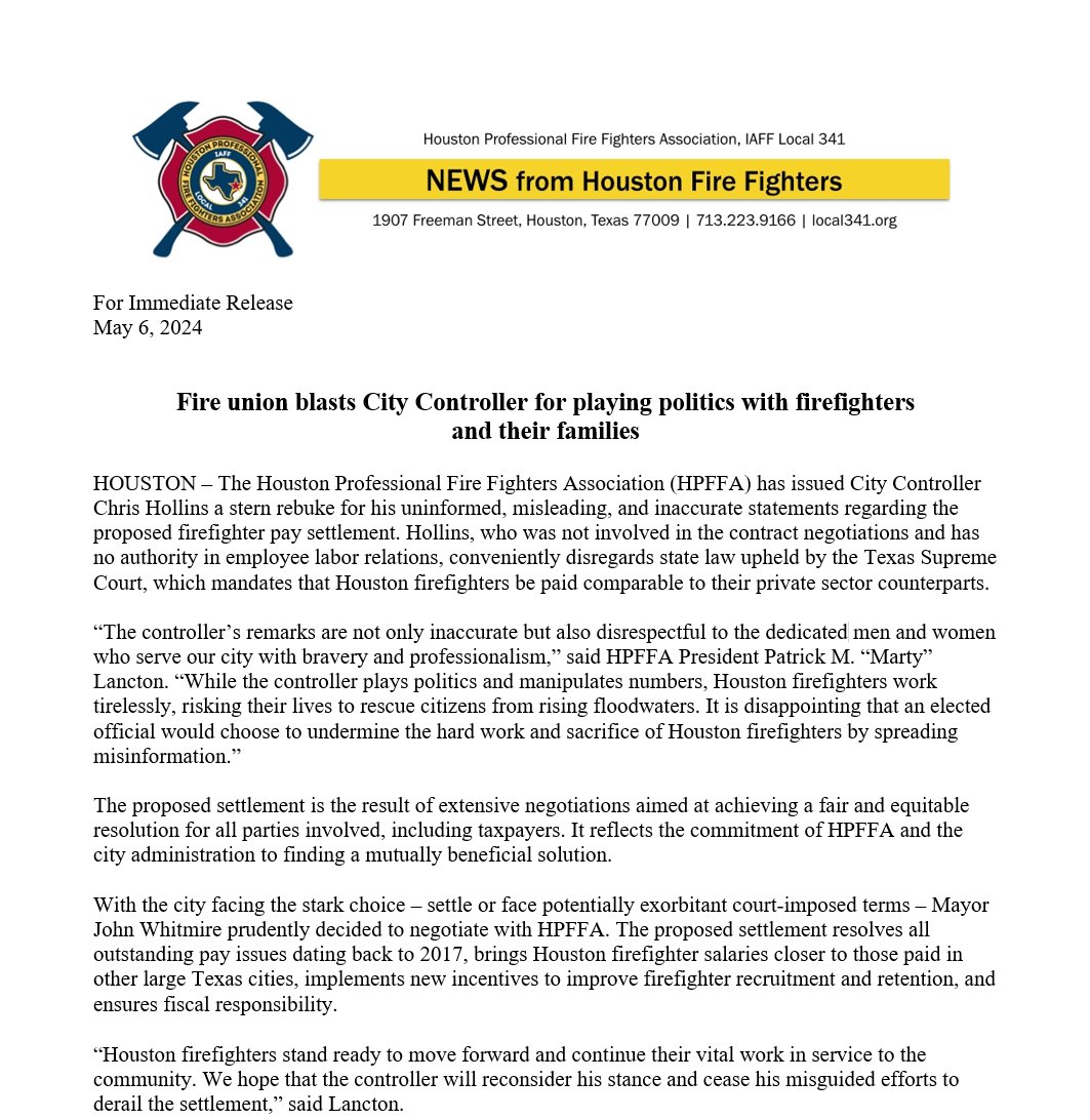 Houston City Controller Chris Hollins is playing politics with Houston firefighters and their families. We have something to say about that.