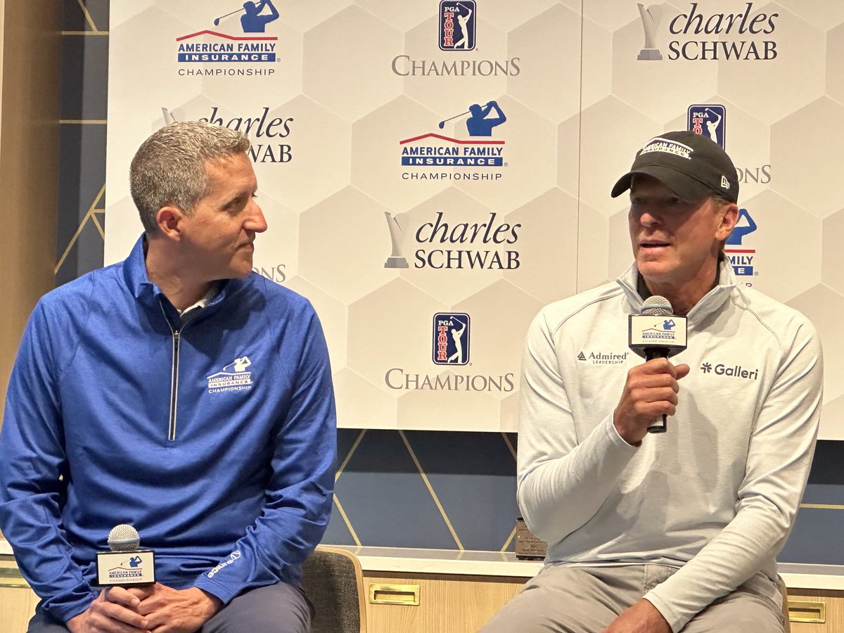 Nate Pokrass, tournament director of the ⁦@amfamchamp⁩ and defending champion ⁦@stevestricker⁩ answer questions Monday during media day for the 2024 championship, June 7-9 at University Ridge GC in Madison.