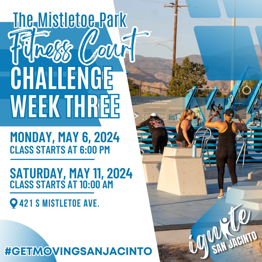 WEEK THREE of the 6 week fitness challenge. 

Classes for this week are today, Monday, May 6th at 6pm and Saturday, May 11th at 10 am. 
Bring your water and a friend. Classes are open to the public and are FREE! 

#tagafriend #gosanjacinto #getmovingsj