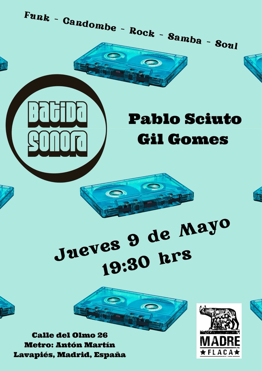 Este Jueves 9 de Mayo a las 19:30 para celebrar cumpleaños, vuelve Batida Sonora, con nueva ración de funk, samba, candombe, soul y mucho más, Gil Gomes Percussionista y un servidor, la cita es en Madre Flaca en Lavapiés.